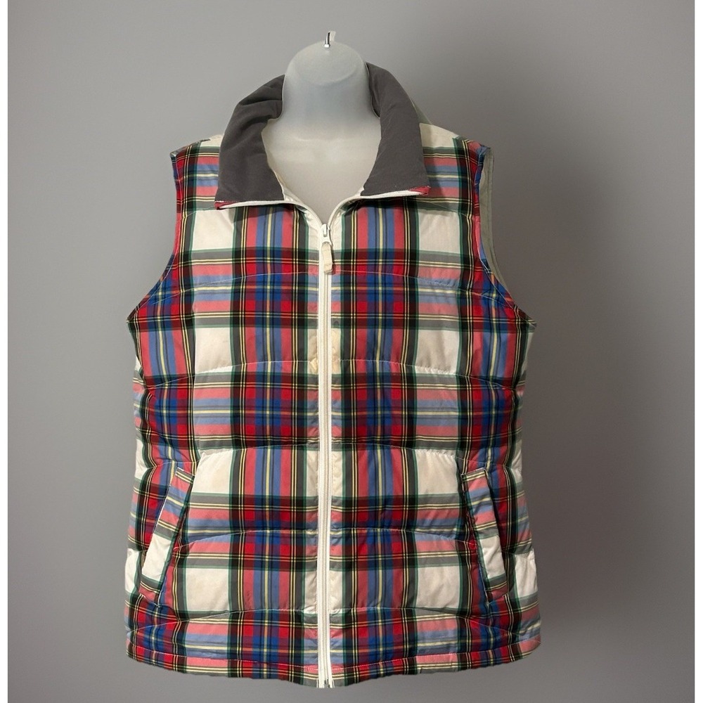 Lands End Puffer Vest Womens Sz 1X 16-18W Red Blue Gray Plaid Zips Pockets Snaps